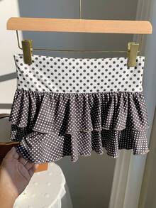 Comfortcana 女士波点印花层叠荷叶边下摆时尚迷你裙 - 棕色 - 查看 5