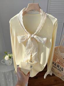 Comfortcana Women's Casual Lace Trim Tie Front Cardigan, Spring/Autumn - Yellow - View 3