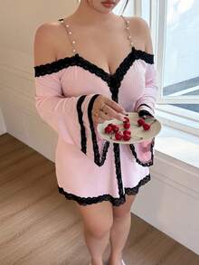 SHEIN Napfluff CURVE Áo ngủ gợi cảm cổ chữ V tay dài trễ vai phối ren dành cho nữ cỡ lớn. - Hồng - Xem 7