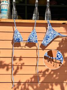 Swim Vcay 女士泳装套装，挂脖系带，花卉格纹印花，露背设计，饰有海龟、海马、贝壳吊坠，时尚休闲度假两件套，春夏秋冬皆宜 - 藍色 - 查看 1