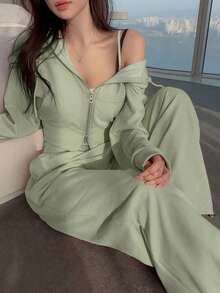 DAZY 2pcs Women Casual Zipper Front Jacket And Wide Leg Pants Set, Spring Summer Hoodie Lounge Sets For Women - Mint Green - View 6