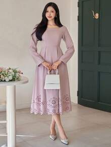 DAZY Vestido largo de mujer de cuello cuadrado elegante y de unicolor con diseño hueco, vestido de invitada de boda de verano y primavera - Rosa - Ver 3
