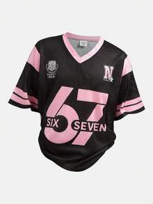 SHEIN Tween Girls T-Shirts 67 Number Football Jersey Style Graphic T-Shirt - Loose Football Jersey Style, Prominent 67 Number Print, Round Neck, Machine Washable, Suitable For Training And Casual Wear All Season