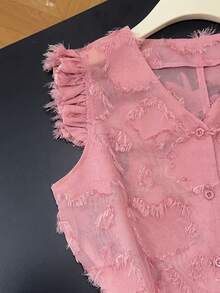 Franclia Women's V-Neck Single-Breasted Fringed Texture Elegant Casual Tank Top Women Summer 2 Pieces Sets Girly Tops 2 Piece Denim Sets Woman - Pink - View 3