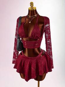 Amplova 2pcs/Set Sequin Detail Sexy Tight Fit Long Sleeve Crop Top & Tight Fit Inverted V Mini Skirt - Red - View 3