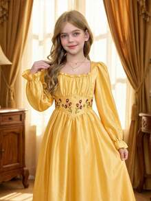 SHEIN Đầm dài tay cổ vuông thời trang và thanh lịch dành cho bé gái tuổi teen - Màu vàng - Xem 8