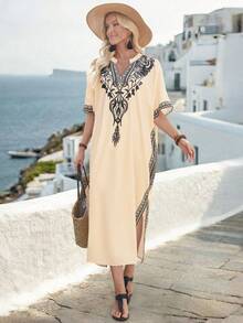 SHEIN Holidaya Women's V-Neck Printed Robe, Comfortable Casual Vacation Wear, Spring/Summer - Apricot - View 5