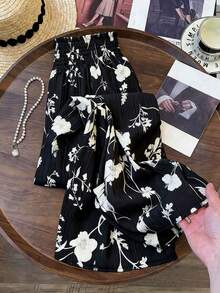 DreamSkyne Celana Wanita Ukuran Besar Motif Bunga Kecil Prancis Kasual Serbaguna - Hitam - View 2