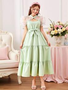 SHEIN Explorewe Vestido casual de manga abullonada, cuello alto de malla bordada, parche y textura sólida para niñas adolescentes, adecuado para uso diario, viajes, ocio, vacaciones, reuniones y fiestas - Verde - Ver 4