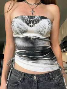 SHEIN EZwear Women's Drawstring Tie-Front Fitted Tube Top, Comfortable For Spring/Summer - Multicolor - View 1