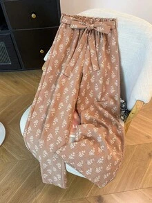 Franclia Women's Fashion Faux Linen Embroidered Elastic Waist Bow Tie Wide Leg Pants - Khaki - View 1