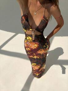 Aloruh 女士性感露背吊带连衣裙，镂空链条装饰，鱼尾裙摆，度假海滩风，夏季 - 黃色 - 查看 6