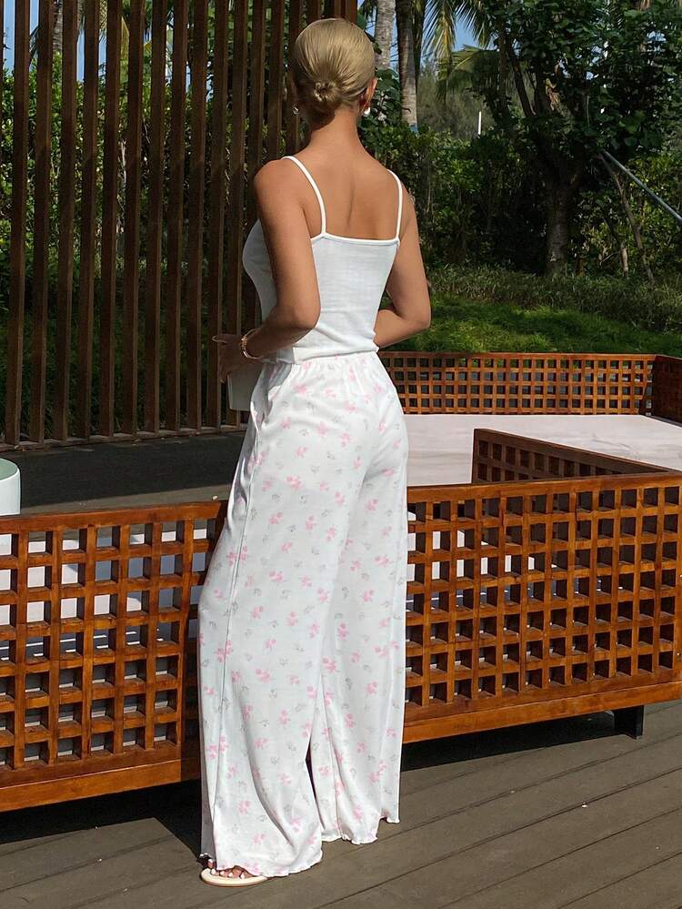 2pcs Women Jacquard Knit Camisole Top & Loose Ditsy Floral Pajama Pants Sleepwear Set