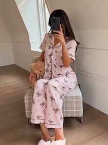 Napfluff Vår & höst Nytt björn- & rosetttryck med korta ärmar för kvinnors pyjamasset - Multifärgad - Visa 2