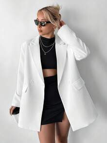 Ritzy Row 女士休闲宽松垫肩中长款双排扣西装外套 - 白色 - 查看 4