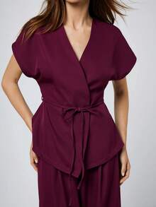 SHEIN Maija Women's Solid Color Minimalist Daily Short Sleeve Top And Pants Suit Pant Suit Summer Sets Co Ord Set Women - Burgundy - View 8