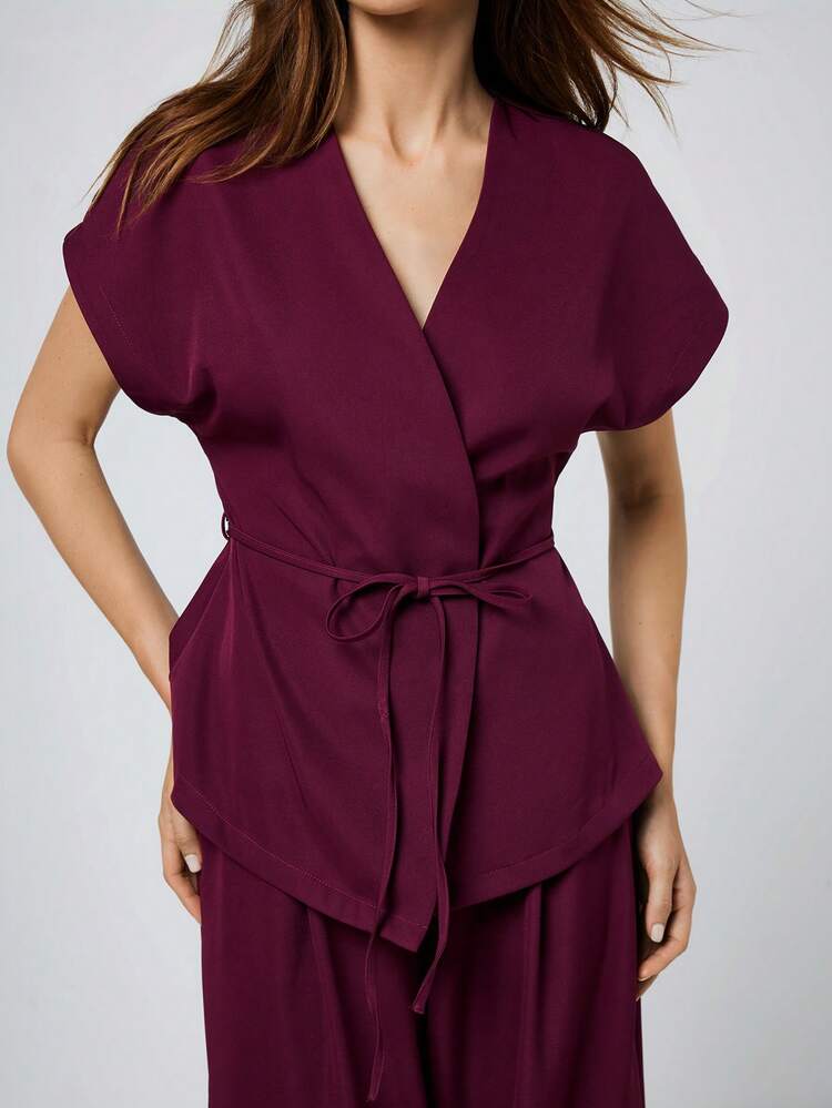 SHEIN Maija Women's Solid Color Minimalist Daily Short Sleeve Top And Pants Suit Pant Suit Summer Sets Co Ord Set Women