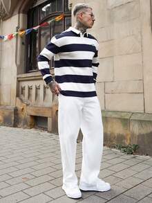 Artur Kramer Men Striped Print Letter Patched Polo Neck Sweatshirt - Navy Blue - View 6