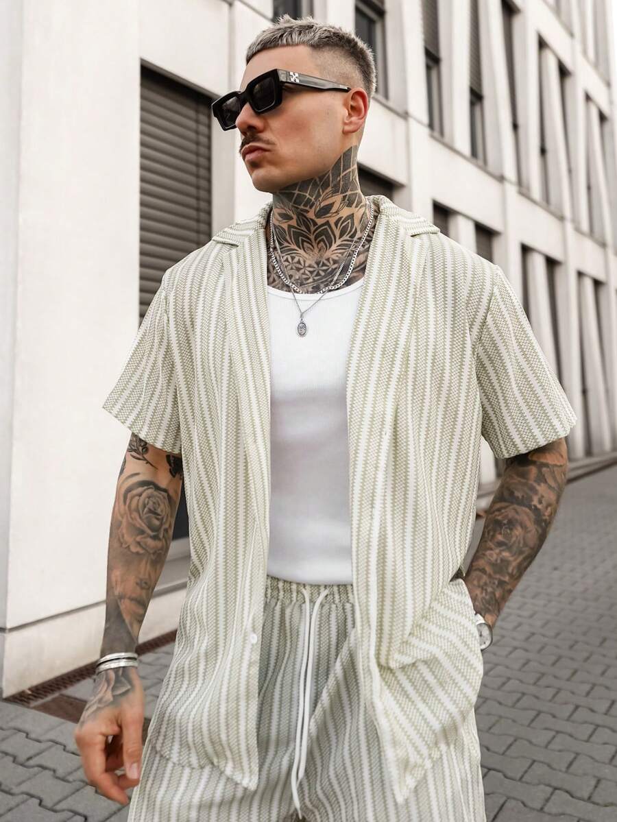 Artur Kramer INS 风格男士两件套波西米亚钩针针织衬衫和短裤多色条纹提花纹理衬衫适合海滩度假音乐节夏威夷度假装礼物,老钱度假装 - 彩色 - 查看 1