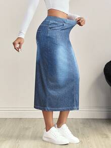 Flexra Women's Elastic Waist Pocket Slit Drawstring Denim Casual Skirt - Dusty Blue - View 4