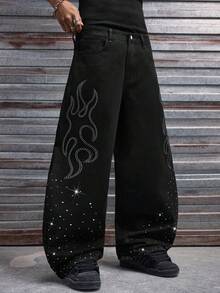 AXEPEAK Men's Washed Black Pants With Rhinestone Embellishment - Black - View 5