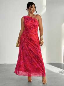 Firerie 大码女式优雅简约时尚基础款ins风连衣裙，适合办公室、通勤、音乐节、海滩度假等场合，透视不规则领口褶皱修身无袖连衣裙 - 玫紅色 - 查看 2