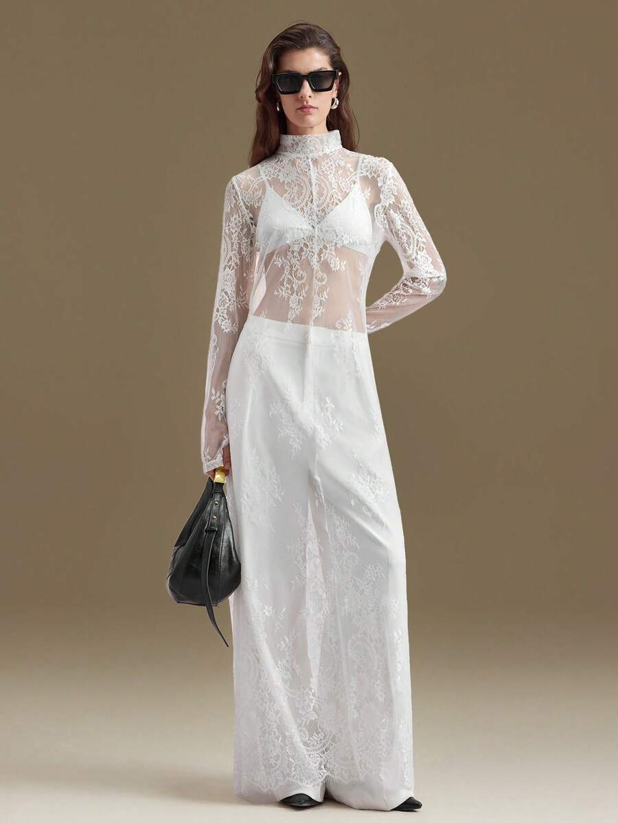 Ontre 2026春夏新款，适合5-15℃，可叠穿，现代都市风格，白色蕾丝面料，收腰修身剪裁，女士长裙，优雅百搭日常装，新款派对礼服，女士春夏连衣裙 - 白色 - 查看 1