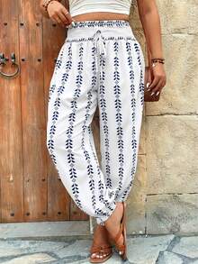 Weeklong Plus Size Retro Print Elastic Waist Harem Pants, Casual Vacation - Multicolor - View 4