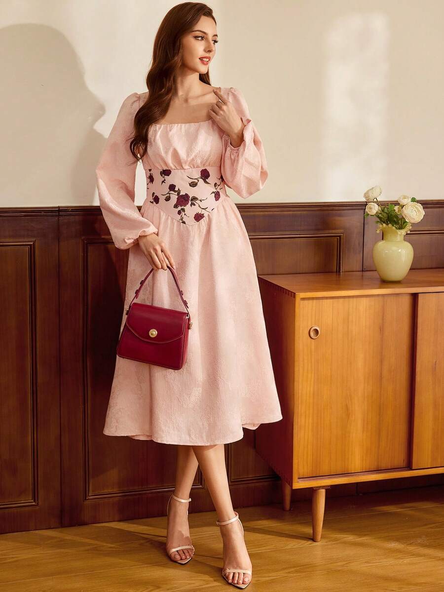 Vintamour Vintage klassisch elegantes Damenkleid, Herbst/Winter tailliertes Jacquard-Kleid, Jacquard-Kleid, Patchwork-Kleid, rosa langärmliges ausgestelltes Kleid - Pink - Übersicht 1