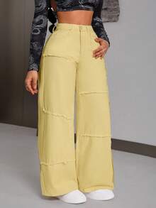 SHEIN Tall Quần jeans nữ ống rộng cạp cao, gấu quần rách, dáng rộng thoải mái, phong cách thường ngày. - Màu vàng - Xem 4