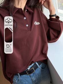 DAZY Women's Long Sleeve Polo Neck Letter Print T-Shirt, Autumn Preppy Tops,Fall Women Clothes - Burgundy - View 1