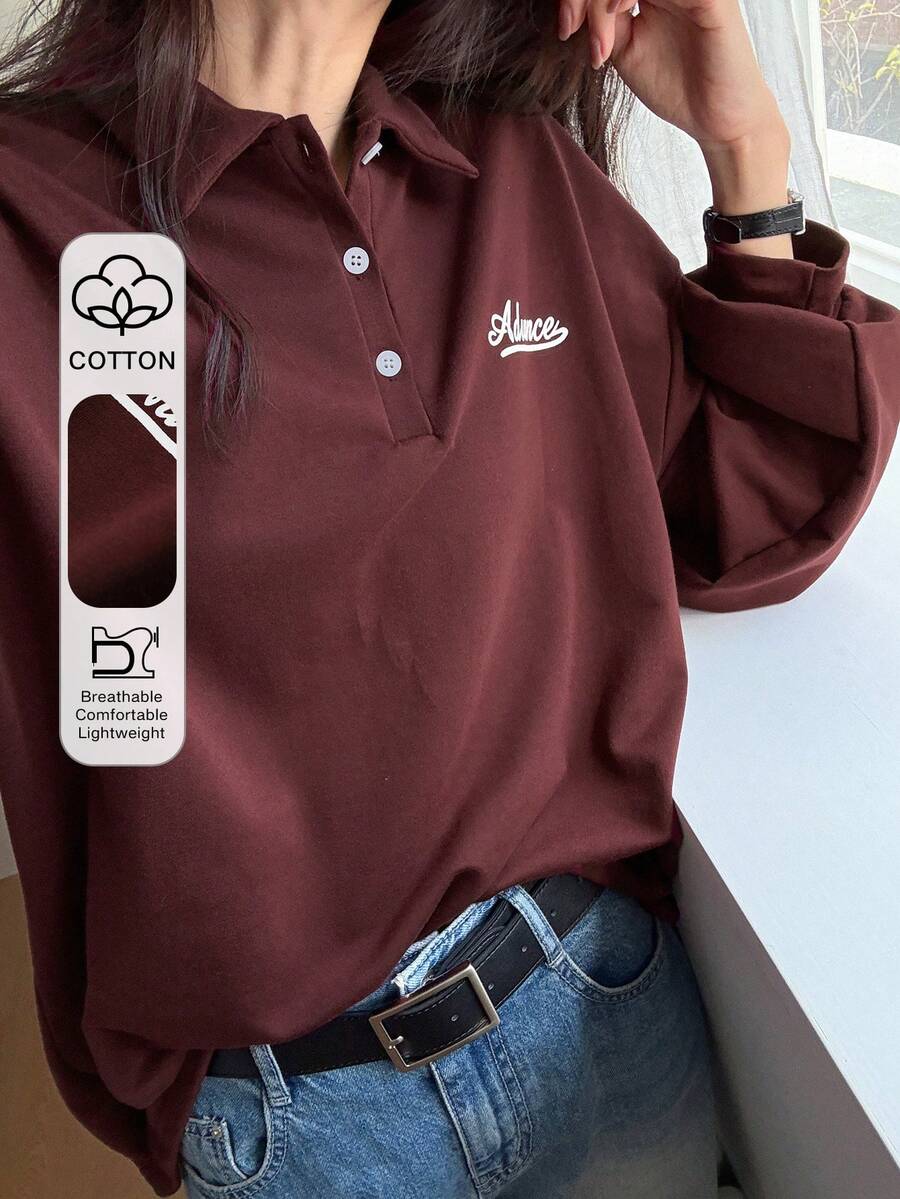 DAZY Women's Long Sleeve Polo Neck Letter Print T-Shirt, Autumn Preppy Tops,Fall Women Clothes - Burgundy - View 1