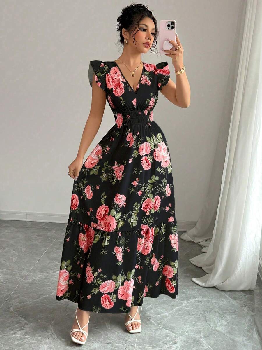 Rafferiza Women's Floral Print Shirred Cap Sleeve Waist Tie Elegant Dress - Black - View 1