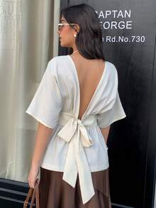 Seusyu Women's Striped Round Neck Batwing Short Sleeve Backless Tie Front Fashion Blouse - Apricot - View 4