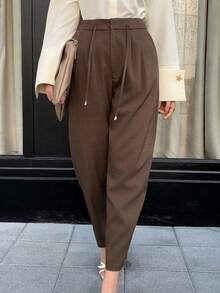 Solavon Women's Solid Color Drawstring Loose Casual Everyday Pants - Coffee Brown - View 5