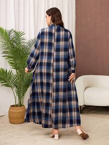 Al Najma Plus Size Women Arabic Style Plaid Print Stand Collar Long Sleeve Pocket Loose Casual Dress, Suitable For Spring And Autumn - Multicolor - View 2