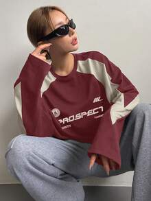 DAZY Women Spring/Summer Loose Casual Long Sleeve T-Shirt With Letter Print Long Sleeve WTH PROSPECT Fantastic Jersey,Fall Clothes,Back To School Clothes Graphic Tee - Burgundy - View 2