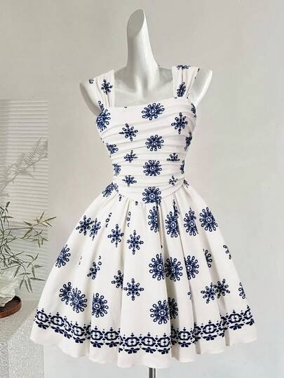 SHEIN ChillGRL Elegant & Comfortable Wide Strap Pleated A-Line Dress For Teenage Girls