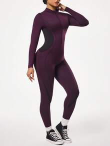 Seamluxe SHEIN Sport 女士拉链前开长袖连体裤，适合日常健身和锻炼 - 黑色 - 查看 5