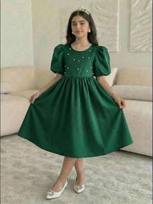 SHEIN Đầm midi tay phồng thanh lịch đính ngọc trai dành cho bé gái tuổi teen - màu đen - Xem 2