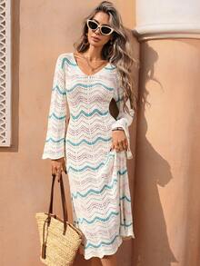 GlowEve Casual Vacation Style Wave Pattern Hollow Out Flare Sleeve Women Knit Dress - Multicolor - View 4