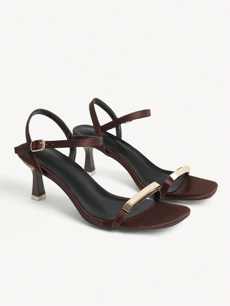 CUCCOO CHICEST Women Shoes Brown Square Toe Kitten Heel Sandals, Simplistic Commute Style Metal Strap Decor, Fashion Blogger Versatile For Christmas Valentine's Day Elegant Shoes Wedding Shoes Summer Shoes Bride Shoes