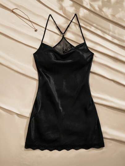 Charlaine 女士纯色蕾丝装饰网纱吊带睡裙，法式优雅蕾丝舒适女士睡衣