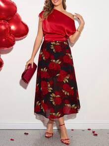 Ellevyn 女士纯红色不对称肩部褶皱露脐上衣搭配印花雪纺A字裙两件套，优雅百搭，适合日常穿着、情人节和早春场合。 - 彩色 - 查看 6