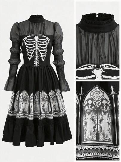 Gothic Dark Skull Skeleton Church Medieval Stone Print A-Line Midi Dress For Women