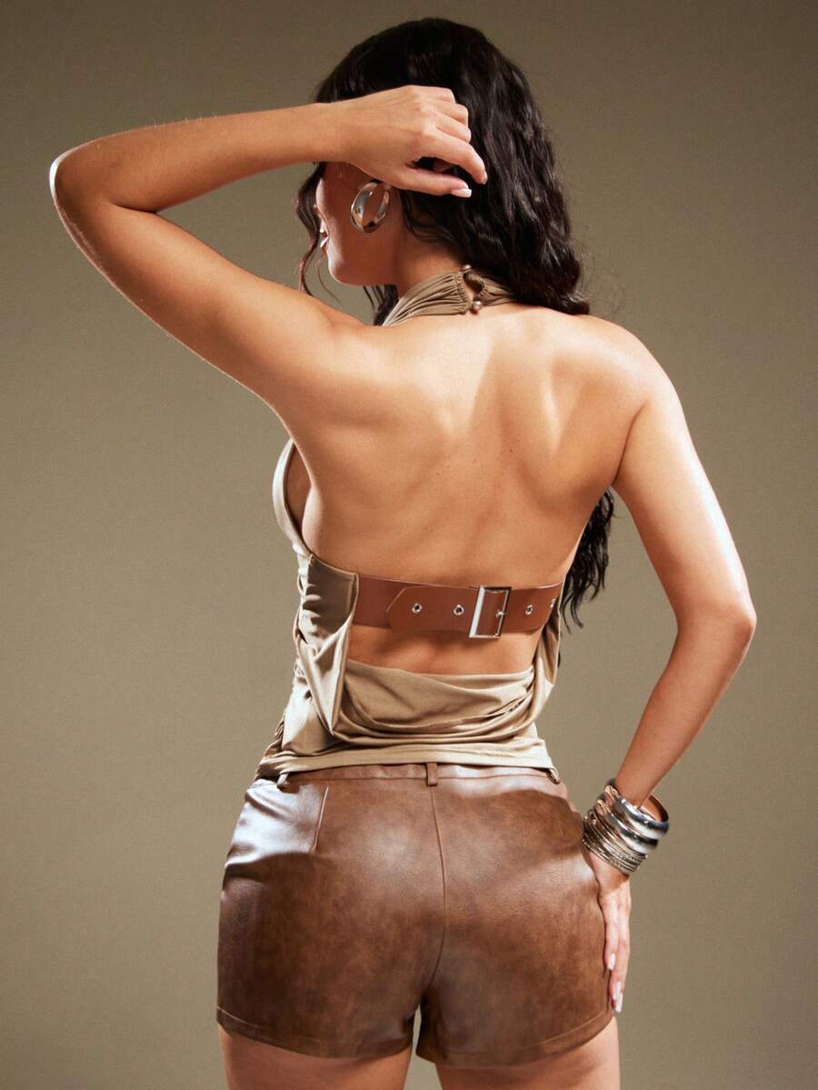 Denimoi 露背系带不对称领口吊带性感上衣 时尚演唱会服装 - 棕色 - 查看 1