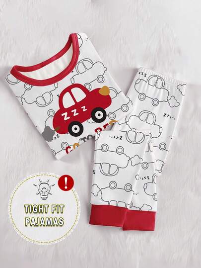 1set Young Boys Snug Fit Pajamas, Cute Cartoon Red Car Print Short Sleeve Top And Long Pants Two Pieces Sleepwear Set