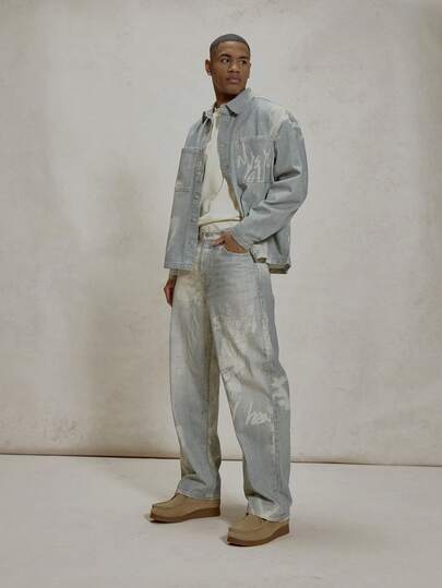 Musero Denim Straight Leg Trouser Pants All Over Print Button Belt Loop Detailing Jeans Co Ord Sets Bottoms Only Essentials Spring&Summer