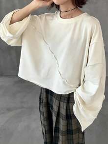 FRIFUL Women's Loose Cropped Sweatshirt With Ruffle Hem, Grey, Spring - White - View 6