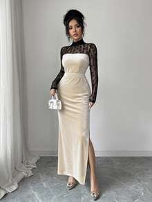 Rafferiza Lace Patchwork Long Sleeve Elegant Party Dress, Black Long Dress - Apricot - View 7